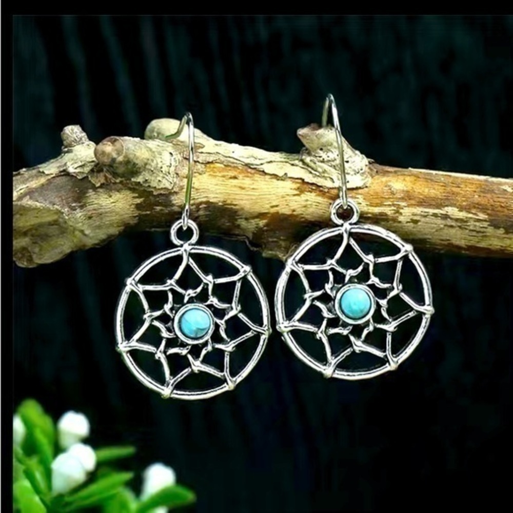 Southwest Style Turquoise Dream Catcher Silver Earrings
